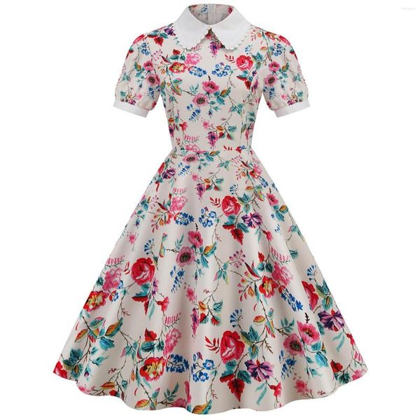 Freizeitkleider Damen Bedrucktes Kurzarm-Puppenkragen-Kleid mit modischem Saum Sommerparty Langes Vintage-Kleid