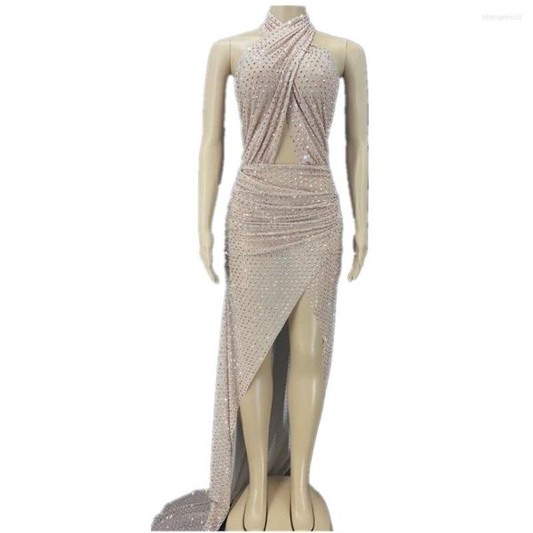 Stage Wear Sparkly Women Silver Strass Dress Tessuto elastico Long Tail Nude Birthday Play Celebrate Dancer Party Show
