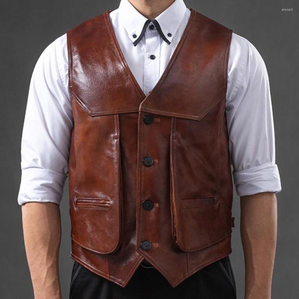 Gilet da uomo Gilet da uomo casual europeo Cappotto di pelle bovina Gilet in vera pelle di mucca Uomo Abito da autunno invernale Abito da sposa Tasche Muti