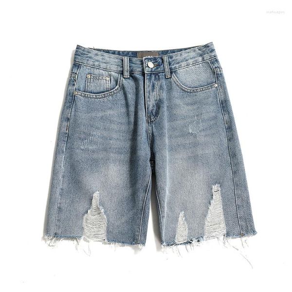 Jeans masculino Shorts jeans perfurado Marca da moda masculina Calça de meia malha vermelha Tubo reto tendência verão fino e solto