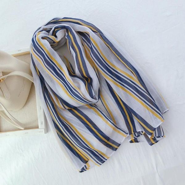 Sciarpe 2023 Scialli con frange con stampa a righe blu Avvolgere Hijab da donna con sciarpa da spiaggia morbida in voile lungo