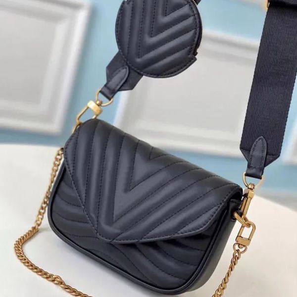 NOVA Bolsa Transversal WAVE MULTI-POCHETTE Feminina Alça Corrente Combinação Bolsa Moeda Redonda Couro de Bezerro Real Mini Carteira Bolsa Transversal M53936