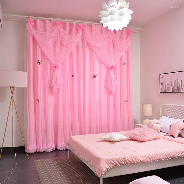 Tende per tende per camera da letto Blackout Princess Kids Girls Double Layer Pink Lace Window Living Room Wedding