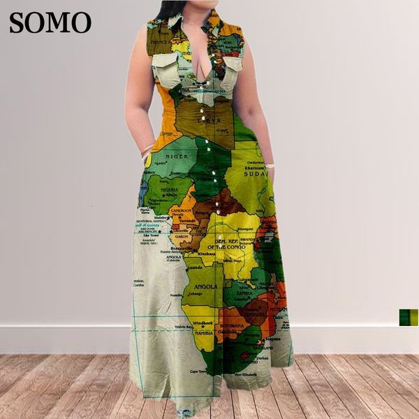 Vestidos Plus Size Fashion Summer Size Dress Casual Map Printing Sleeve Lapel Shirt Maxi Dresse Long Wholesale Drop 230613