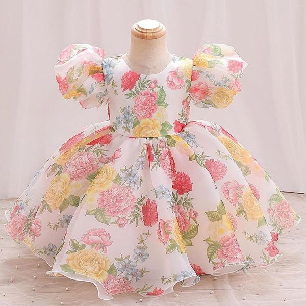 Mädchenkleider Kleinkind Baby Blumendruckkleid Kurzarm Party Kostüm Patchwork Tüll Bubble Girls Jahr 12 formelle zwei Stücke