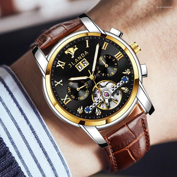 Armbanduhren Business Leder Automatische mechanische Uhr Mode wasserdicht Diamant Analoganzeige Datum Woche Monat Uhr mit Box Geschenk