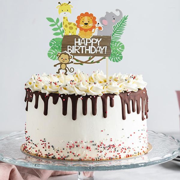 Festive Supplies Dschungel-Safari-Tier-Kuchenaufsatz „Happy Birthday“, Cupcake-Aufsatz für Kinder, Babyparty, Wald-Motto-Party-Dekoration