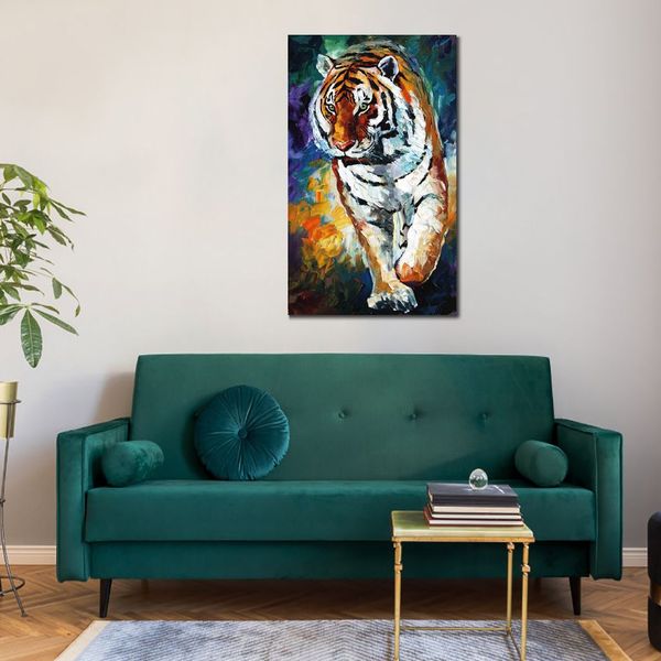 Pintura a óleo texturizada feita à mão, animal, arte em tela, tigre de bengala, moderna, decoração de sala de jantar