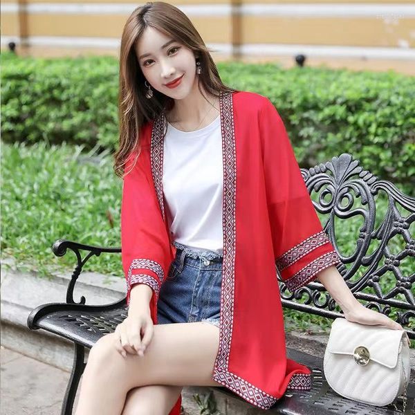 Frauen Blusen Stickerei Kimono Strickjacke Sommer Strand Chiffon Lange Weibliche Rot Weiß Frauen Boho Reise Femininas Tops