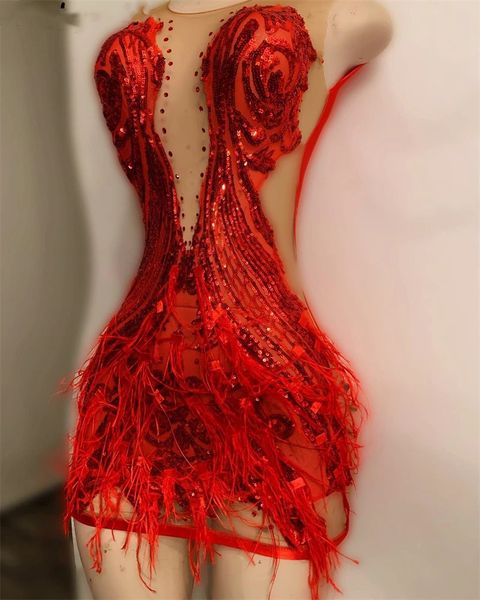 Sexy vermelho curto baile de formatura 2024 lantejoulas brilhantes contas penas cauda vestidos de festa vestidos de baile robe de bal 322 322