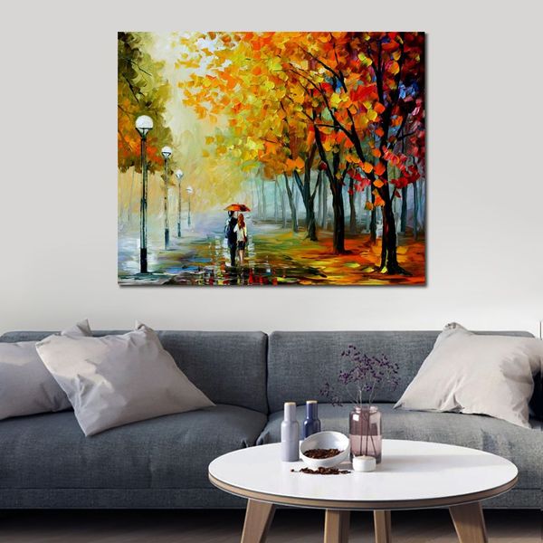 City Life Landscape Canvas Art Fall Drizzle Dipinto a mano Kinfe Painting for Hotel Wall Modern