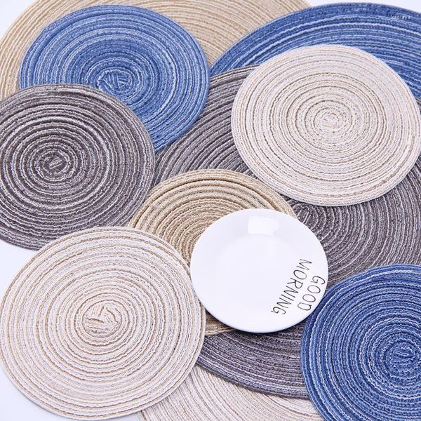 Esteiras de mesa - jogo americano/tapete/almofada para chá bebidas café louça/decoração natural/tapete de jantar decorativo/círculo redondo/cinza azul bege