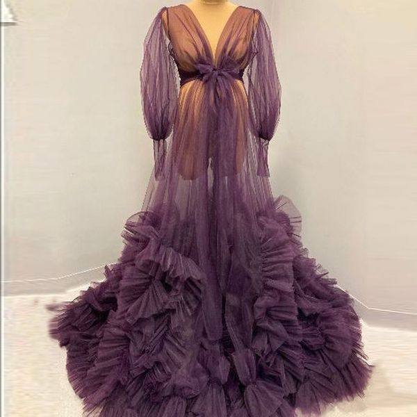 Abiti da ballo di maternità in tulle viola Abito da sposa con volant a maniche lunghe Abito da sposa su misura per donna incinta