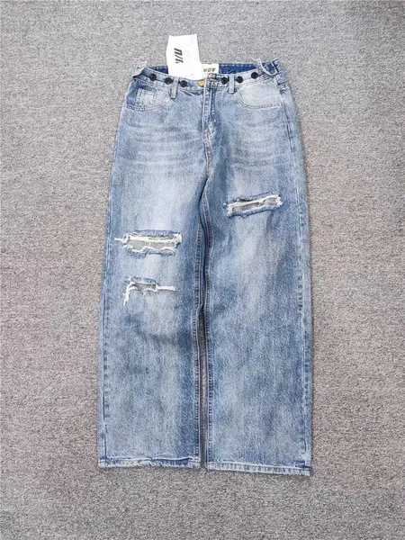 Pernas finas e largas com buracos soltos, calças mendigo de cintura alta ajustáveis, calças jeans esfarrapadas, verão feminino moderno