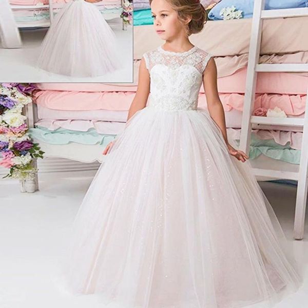 Vestidos para meninas Vestido de desfile de flores para meninas Renda Tule com botões Lindo fofo sem mangas Vestido de festa de casamento Primeira Comunhão