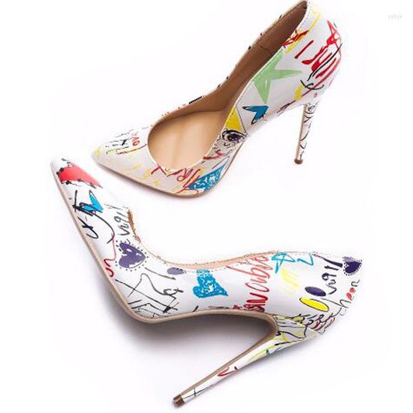 Kleid Schuhe Frauen Heels Graffiti Bunte Braut Pumps Sexy High Pointed Toe Party Hochzeit Stiletto Plus Größe 35-42