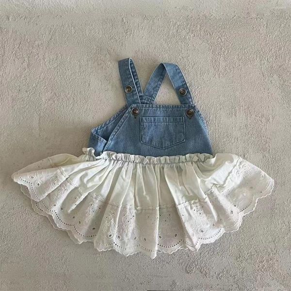 Vestidos de menina vestido de bebê meninas 2023 primavera verão coreano crianças criança renda jeans patchwork saia princesa roupas infantis