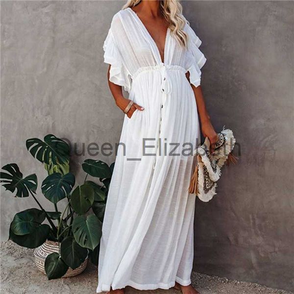 Vestidos Casuais Sexy Biquíni Encobrimento Túnica Branca Longa Vestido de Praia Casual Verão Feminino Elegante Roupa de Praia Fato de Banho Encobrimento J230614