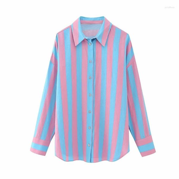 Blusas femininas meninas soltas rosa azul listrado camisas de manga comprida 2023 primavera feminino doce camisa de botão oversized linho macio