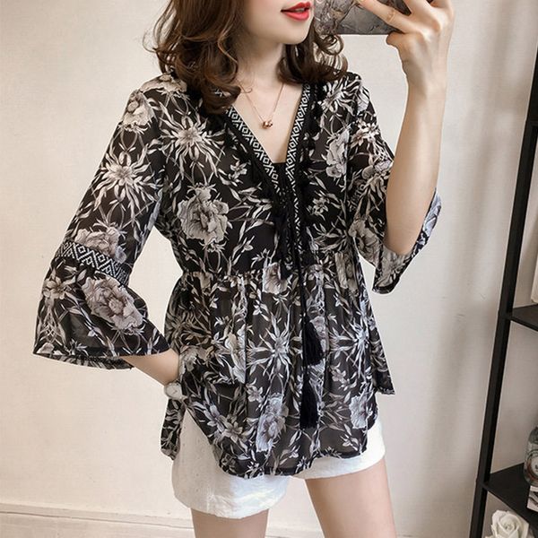 Camicia in chiffon da ragazza estiva di grandi dimensioni con scollo a V largo da donna camicette casual da donna con stampa a maniche lunghe a tre quarti