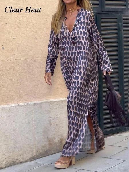 Abiti casual di base Donna Stampa geometrica floreale Split Maxi Abito estivo Scollo a V Manica lunga Lunghezza alla caviglia Abiti larghi Moda Causale Abito da vacanza 230614