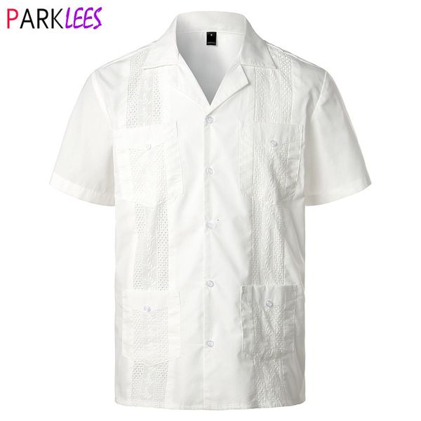 Camisas Casuais Masculinas Camisa Cubana Camp Guayabera Branca Homens Elegantes Botões Bordados Tecidos Estilo Caribenho Mexicano Praia 2XL 230614