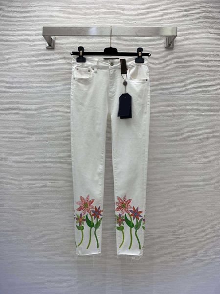 23ss calças femininas jeans designer mulheres jeans flor impressão irregular corte casual confortável alta elástica pés cortados jeans de alta qualidade