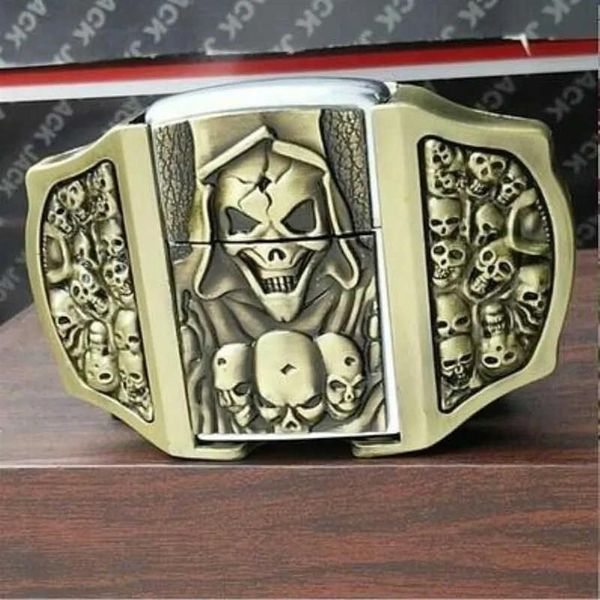 Herren mit goldener Totenkopf-Schnalle, Metall-Feuerzeuge, Kerosin-Feuerzeug-Gürtel für Männer, Geschenk J0121 21334i