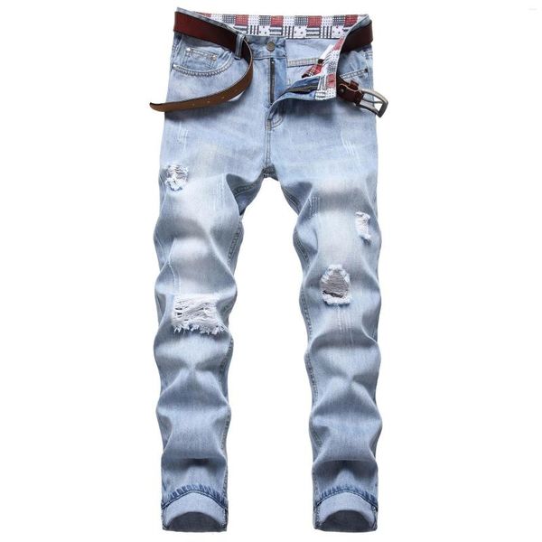 Jeans da uomo Toppe ricamate elasticizzate strappate da uomo Piedi sottili dritti Blu chiaro Nostalgico