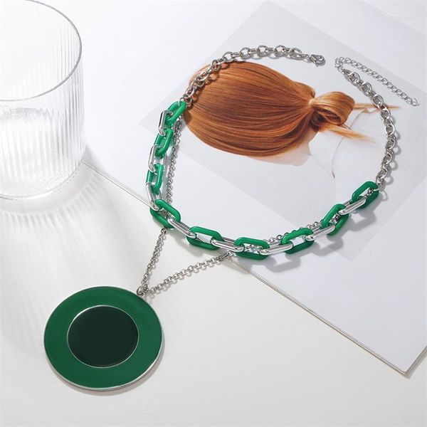 Catene Collana con pendente a disco rotondo a doppio strato smaltato a goccia d'olio Fascino a catena con graffetta di colore verde/arancione per gioielli da donna