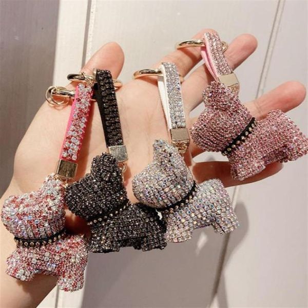 Lüks Kristal Fransız Bulldog Keychain kordon rhinestone deri kayış köpek anahtar zincirleri kadınlar çanta takıları erkek araba anahtar yüzük mücevher 21276j