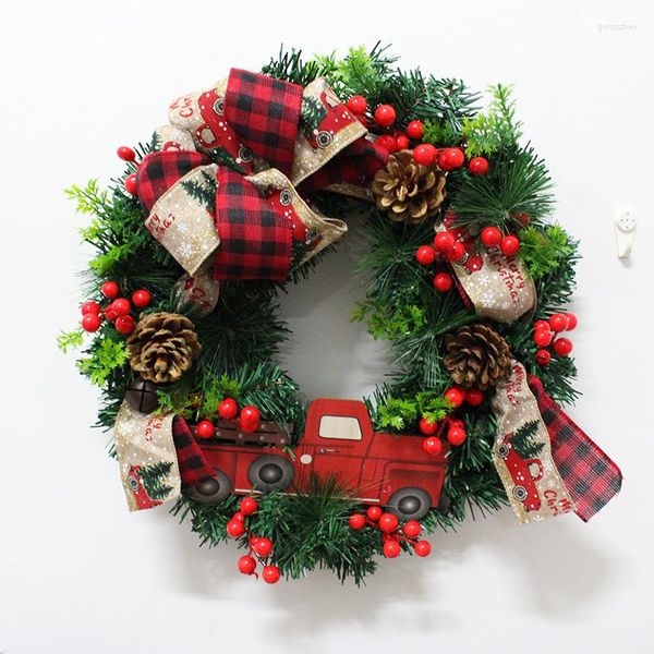 Flores decorativas Xmas Rattan Coroa de flores pendurada Design de carro de fazendeiro Estilo rural Porta Parede Garland Clássico Check Linho Laço Pinha Vermelho