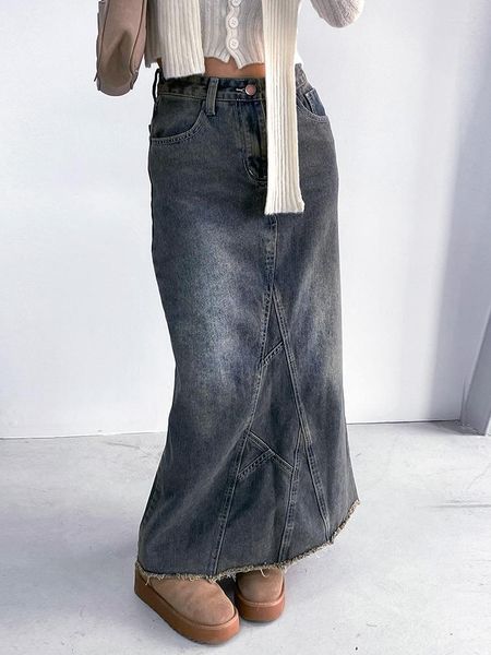 Saias Maxi Denim Saia Anos 90 Feminina Y2K Linha A Borla Jeans Com Fenda nas Costas Bainha Desfiada Grunge Estética Acubi