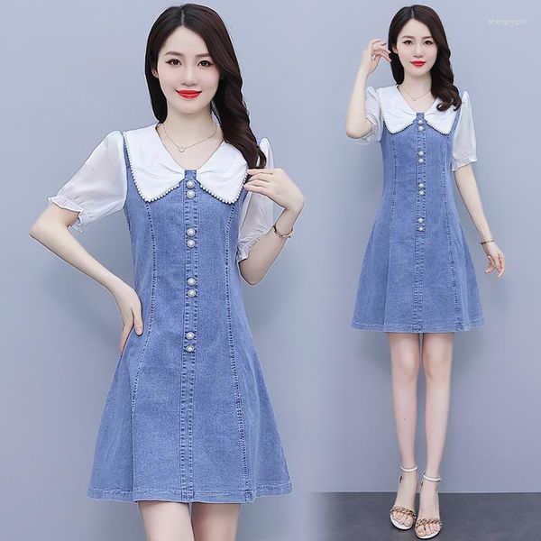 Vestidos de festa estilo verão retrô feminino vestido jeans casual gola dobrável patchwork botão único fino para mulheres jeans peça única