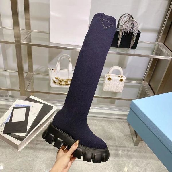 Monolith Boots Designer Bayan Siyah Knited Elastik Patika Platformu Diz Moda Üçgen Boot Kış Ayakkabıları Boyut 35-41