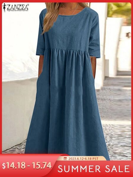 Abiti casual di base ZANZEA Abito vintage O-Collo Mezza manica Abiti solidi Estate Donna Lunghezza a metà polpaccio Abito femminile Causale Vacanza Vestito estivo Caftano 230614