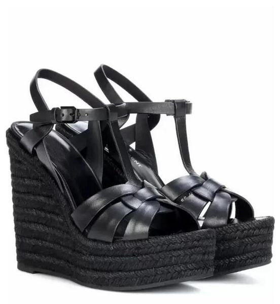 Top-Marke Damen Sandale High Heels Wedges Schuhe Tribute Keil-Espadrille-Sandalen aus Leder Luxus-Design Sommerabsatz schwarz-weißes Leder Pumpbox 35-43