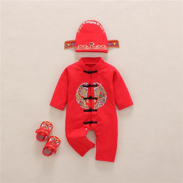 Abbigliamento etnico Abito tradizionale cinese Tang Baby Unisex Pagliaccetto Scarpe Cappello Tuta Anno Festival di primavera Body 2023 Ricamo