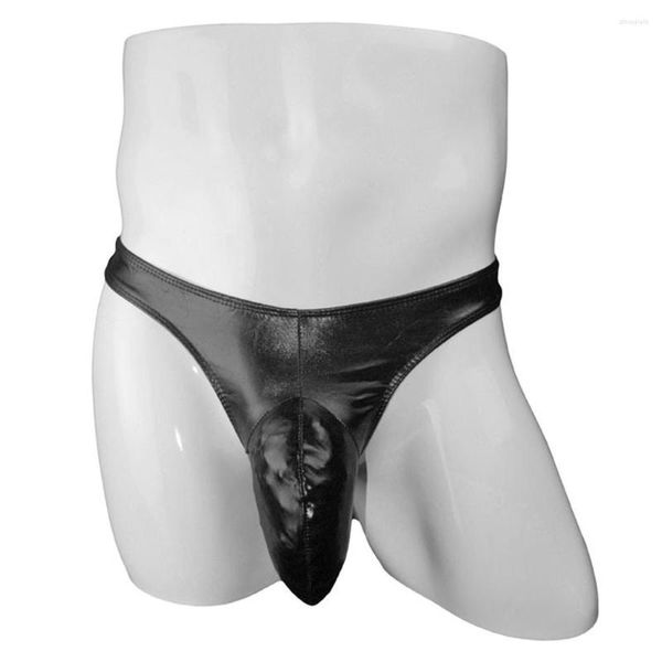 Cuecas masculinas bojo bolsa cueca look molhado biquínis couro falso tanga tanga sexy masculino pau grande clubwear tamanho único