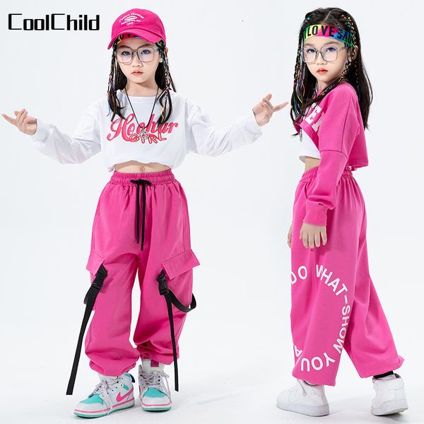 Conjuntos de roupas Hip Hop Meninas Crop Top Calça Cargo Rosa Infantil Princesa Moletom Joggers Streetwear Conjuntos de Roupas Crianças Street Dance Jazz Traje 230613