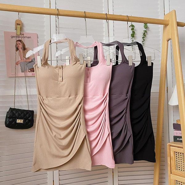 Vestidos casuais coreanos mini vestido de verão para meninas halter halter construído em sutiã dobras mulheres na altura das mulheres vestidos