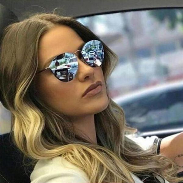 Óculos de sol 2021 espelho óculos de sol redondo luxo feminino marca designer cateye retrô óculos de sol sem aro feminino8527389252v