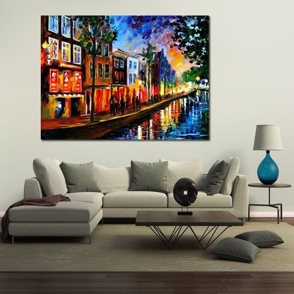 Vibrante pittura a olio Street Landscape Amsterdam Red Lights Handmade Canvas Art Contemporary Loft Decor