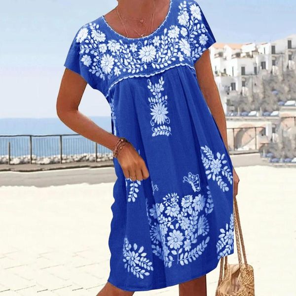 Abiti casual Estate Donna Spiaggia Swing Hem Vestito estivo etnico Vacanza Boho Abito midi Girocollo Tunica Vestido Feminino