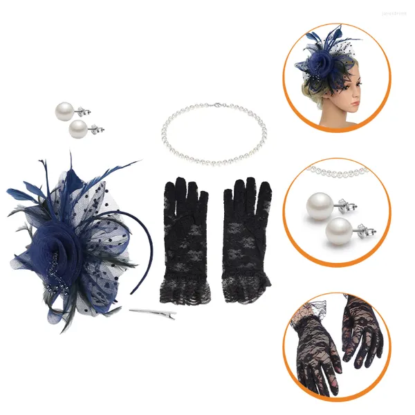 Bandane Cocktail Party Cappello Copricapo da tè Collana di perle Set Orecchini Guanti Accessori per capelli da donna