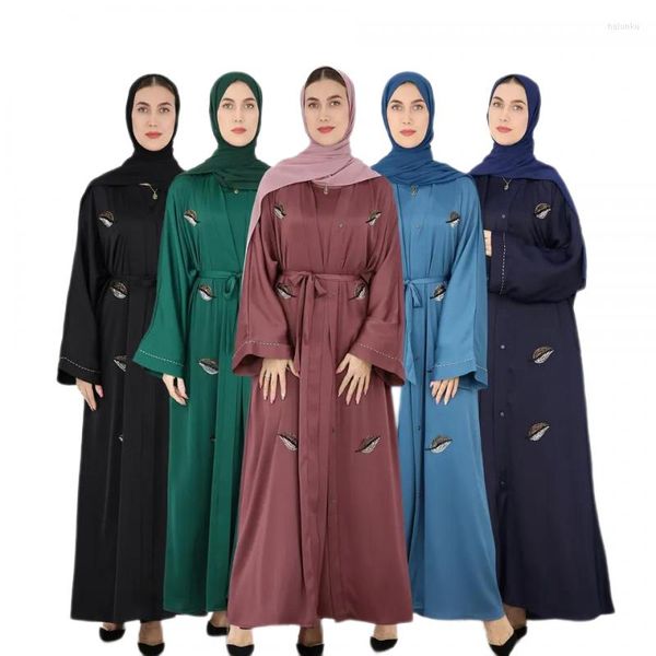 Roupas étnicas de alta qualidade Dubai Feminino Cetim Frisado Frente Aberta Abayas Moda Muçulmana Robe Solto Festa Cardigan Maxi Vestidos Vestidos Kaftan