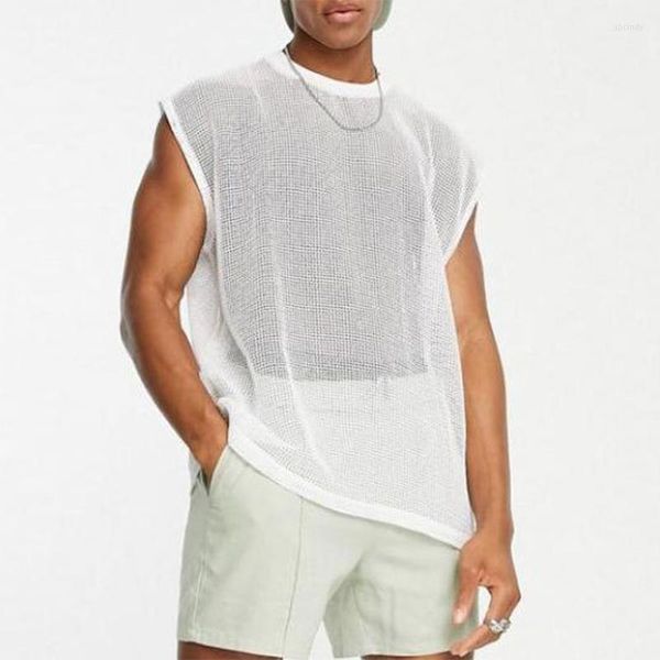 Canottiere da uomo Sexy Uomo Estate Senza maniche O Collo Solid Canotta allentata Moda Vedere attraverso Hollow Mesh Vest Pullover Abbigliamento da uomo 2023