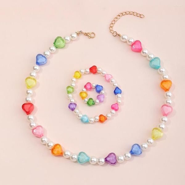 Colar Conjunto de Brincos Doces Coloridos Forma de Coração Corrente de Contas Para Meninas Personalidade Bonita Anéis de Pérolas Feitos à Mão Pulseira Jóias