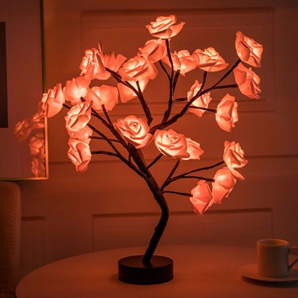 Fiori secchi Lampada da tavolo a LED Fiore rosa Albero USB Luci notturne Decorazioni per la casa Feste Natale Decorazioni per la camera da letto di nozze di Natale 230613