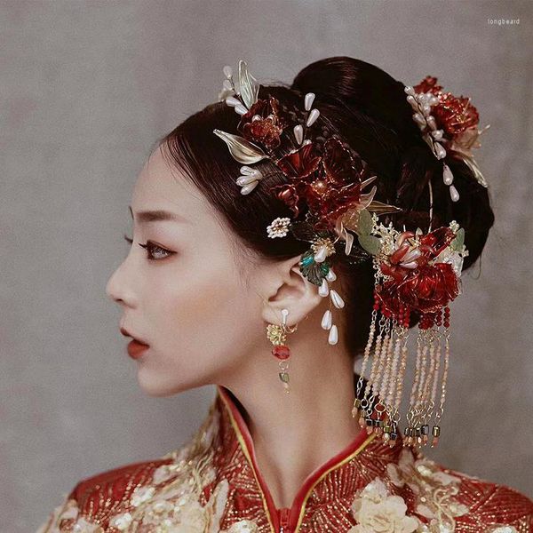 Haarspangen NiuShuya Vintage Kristall Strass Braut Haarspangen Rote Blume Kopfschmuck Bräute Kopfbedeckungen Hochzeitszubehör